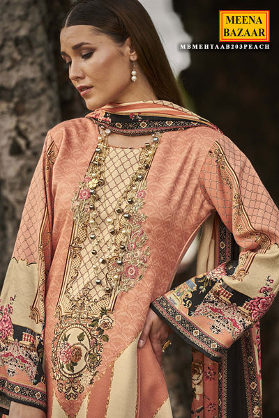 Cream & Peach Pashmina Resham Thread Embroidered Printed Suit