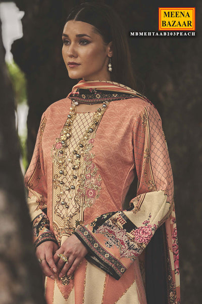 Cream & Peach Pashmina Resham Thread Embroidered Printed Suit