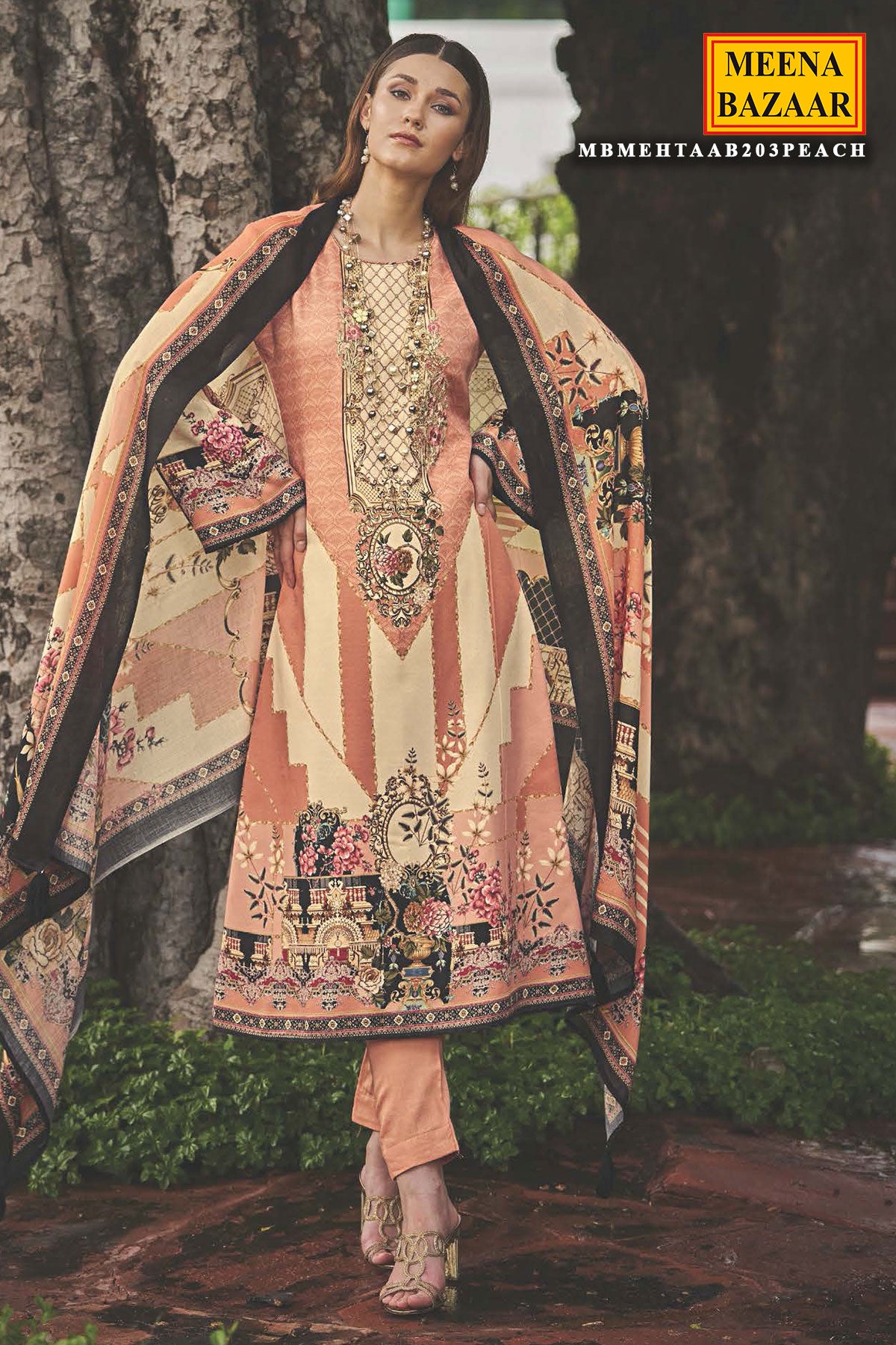 Cream & Peach Pashmina Resham Thread Embroidered Printed Suit