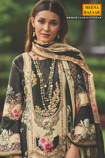 Cream & Black Pashmina Resham Thread Embroidered Printed Suit