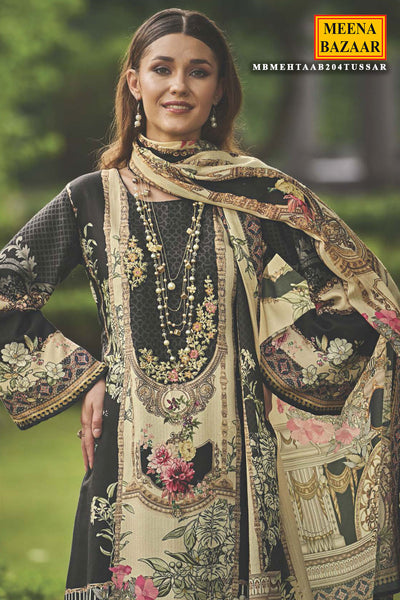 Cream & Black Pashmina Resham Thread Embroidered Printed Suit