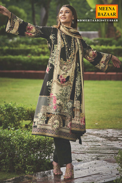 Cream & Black Pashmina Resham Thread Embroidered Printed Suit