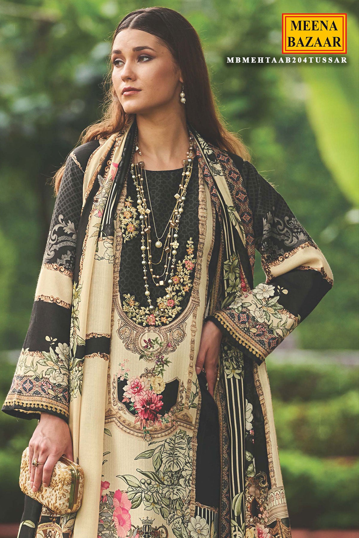 Cream & Black Pashmina Resham Thread Embroidered Printed Suit