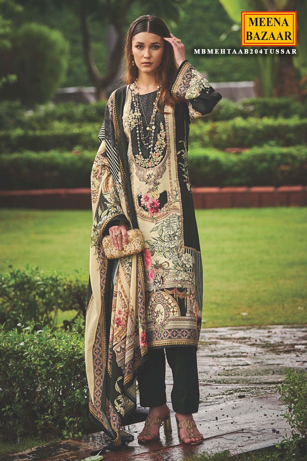 Cream & Black Pashmina Resham Thread Embroidered Printed Suit