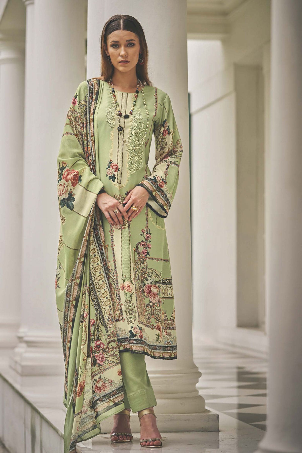 Pista Pashmina Resham Thread Embroidered Printed Suit