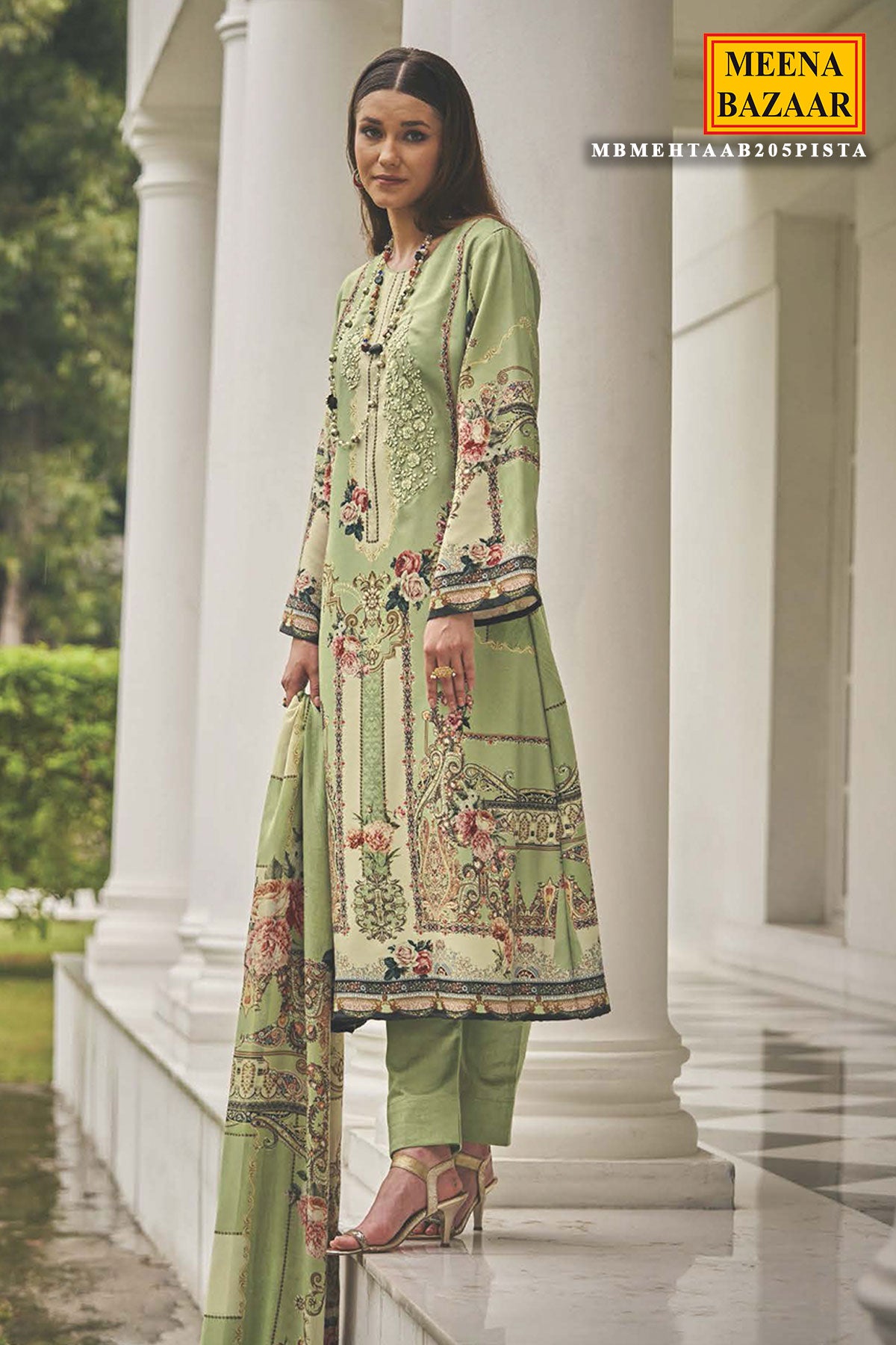 Pista Pashmina Resham Thread Embroidered Printed Suit