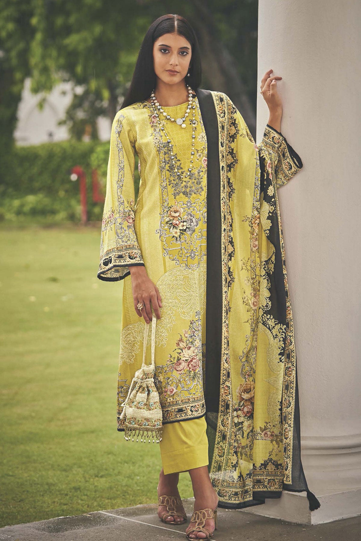 Lemon Pashmina Resham Thread Embroidered Printed Suit