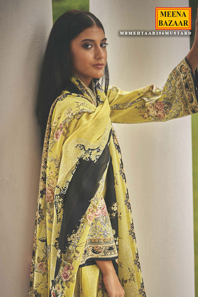 Lemon Pashmina Resham Thread Embroidered Printed Suit