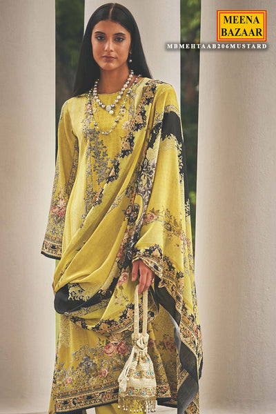 Lemon Pashmina Resham Thread Embroidered Printed Suit