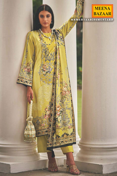 Lemon Pashmina Resham Thread Embroidered Printed Suit