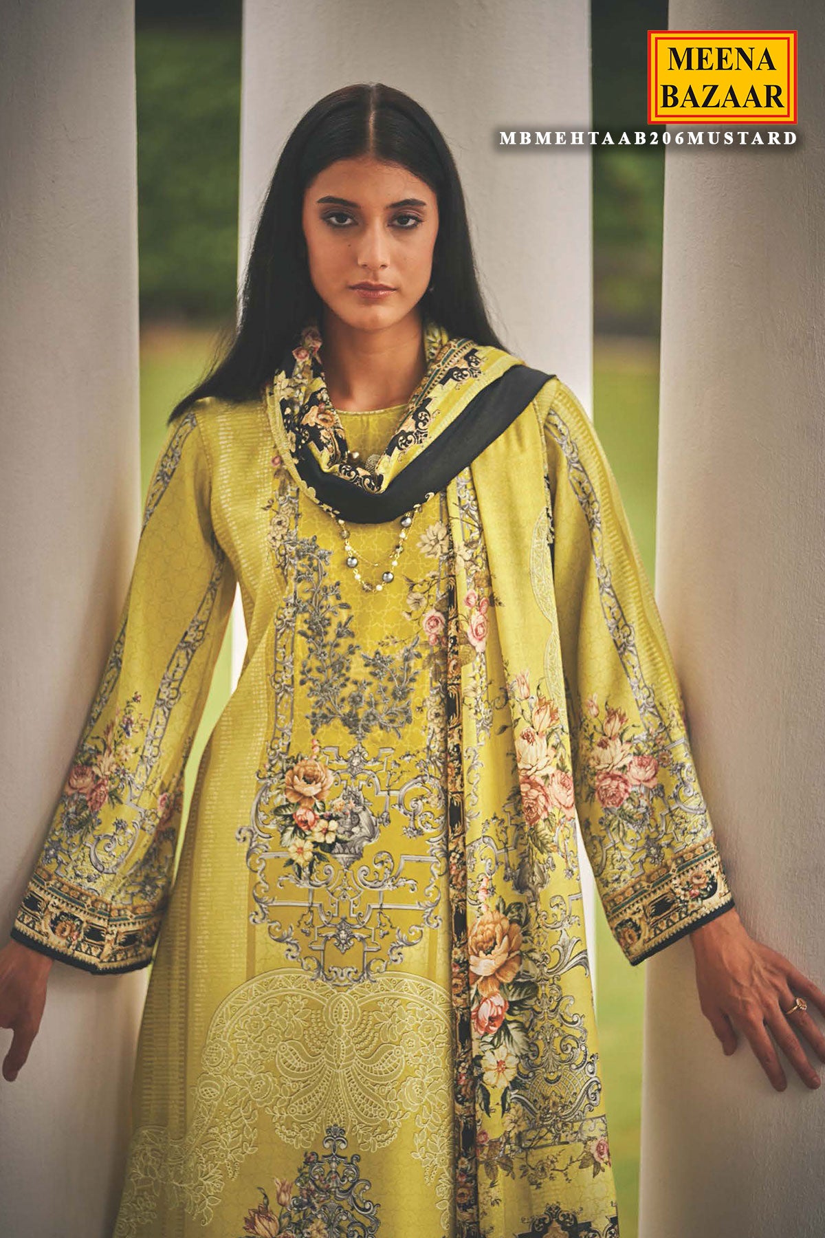 Lemon Pashmina Resham Thread Embroidered Printed Suit