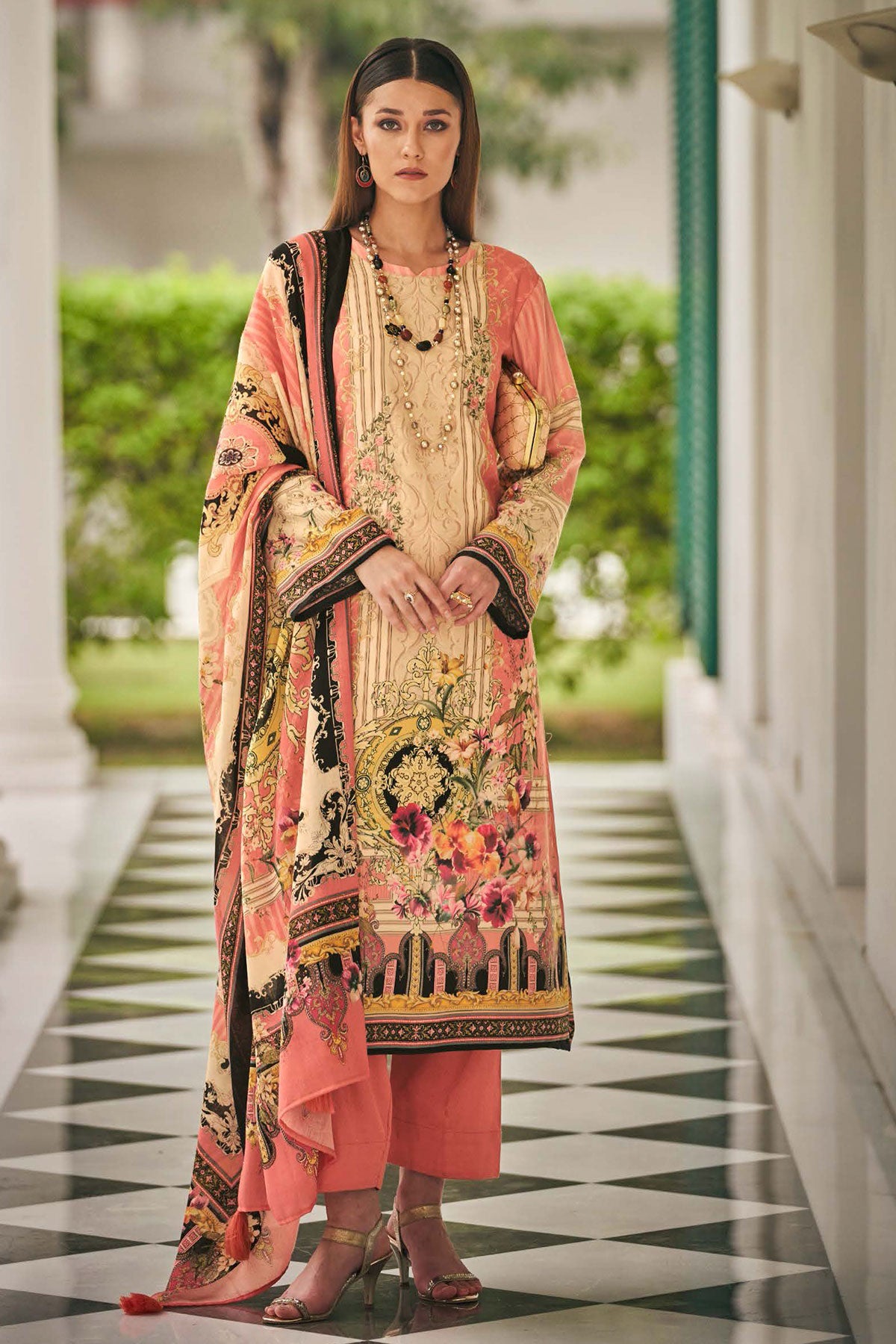 Pink Pashmina Resham Thread Embroidered Printed Suit