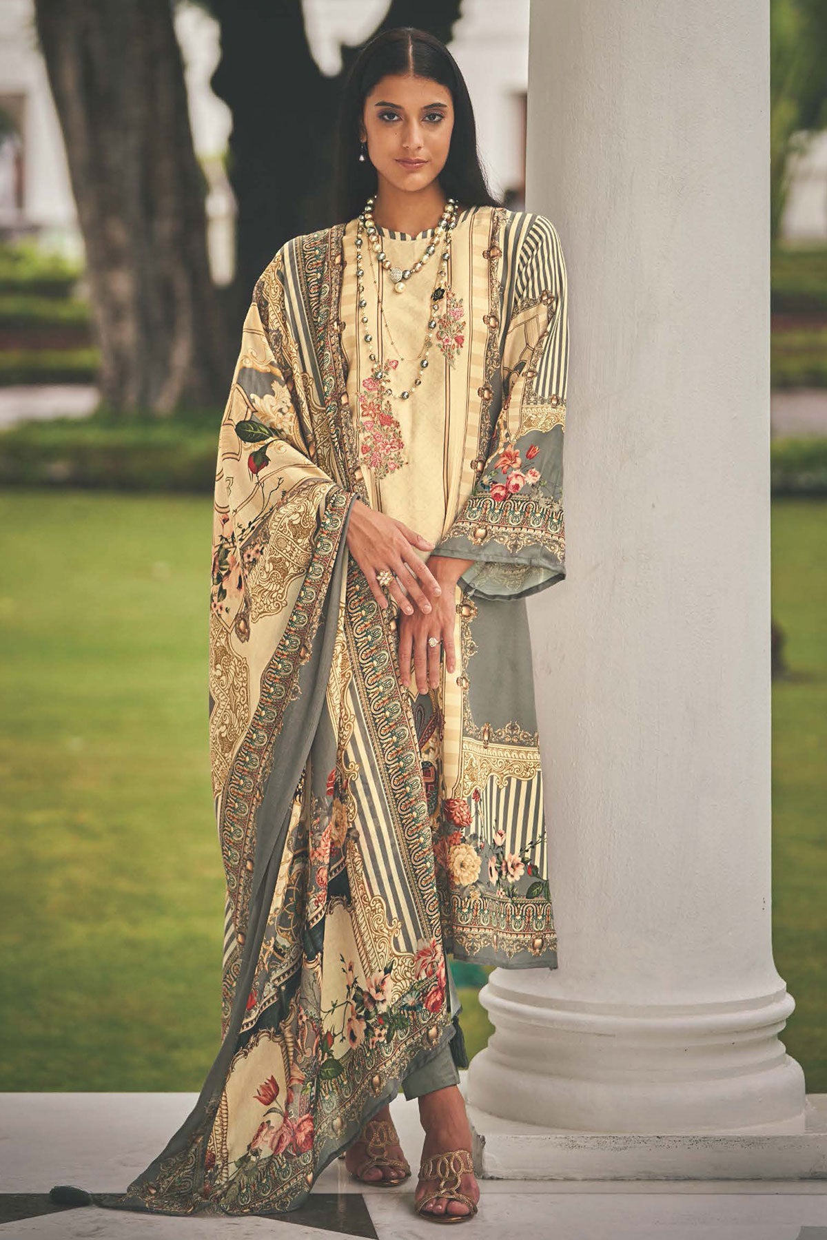 Beige Pashmina Resham Thread Embroidered Printed Suit