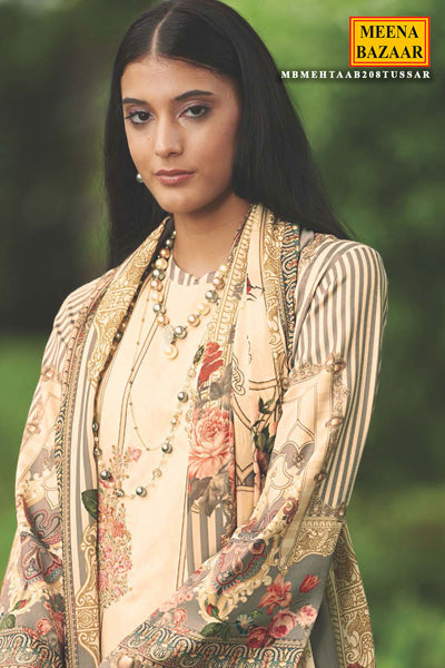 Beige Pashmina Resham Thread Embroidered Printed Suit