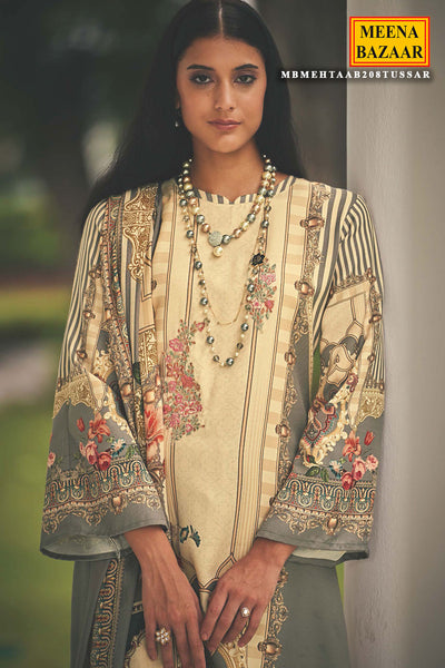 Beige Pashmina Resham Thread Embroidered Printed Suit