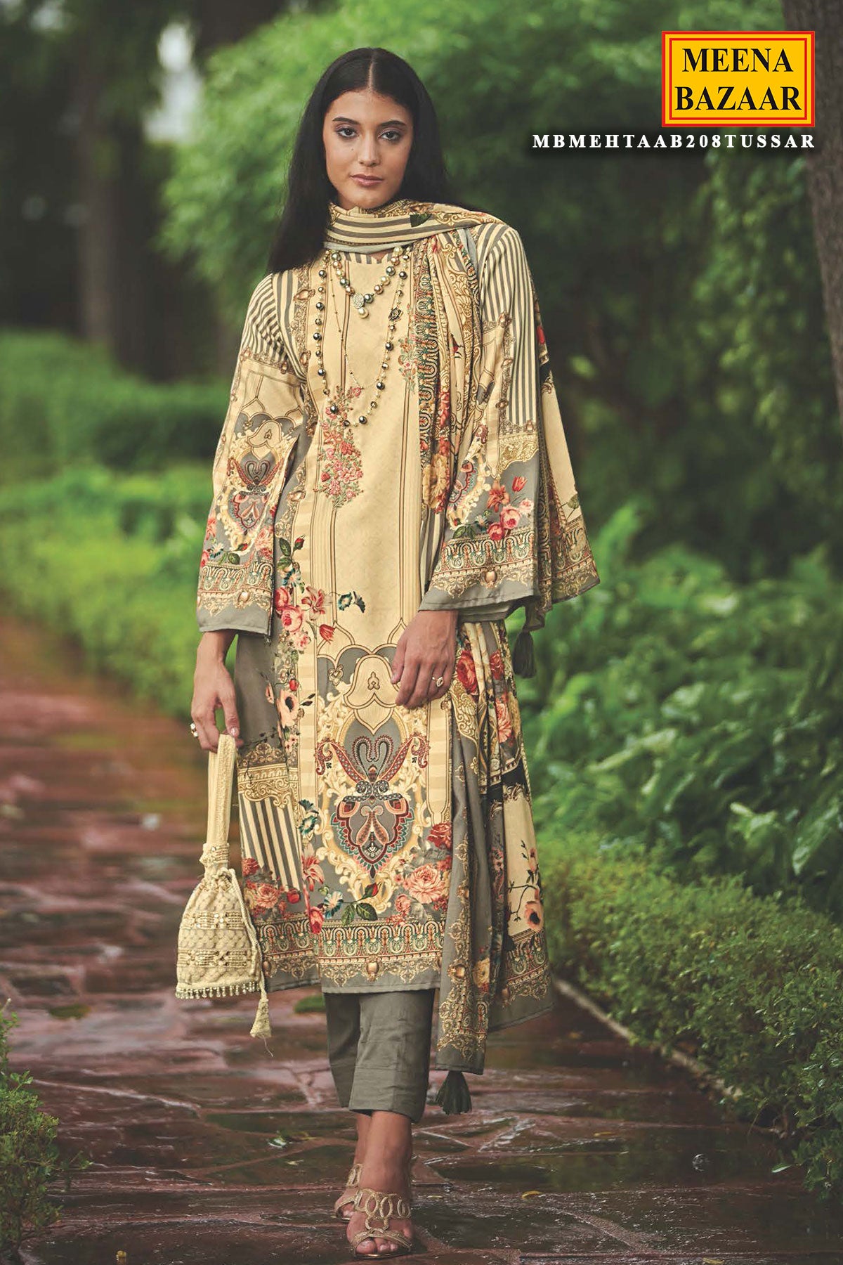 Beige Pashmina Resham Thread Embroidered Printed Suit