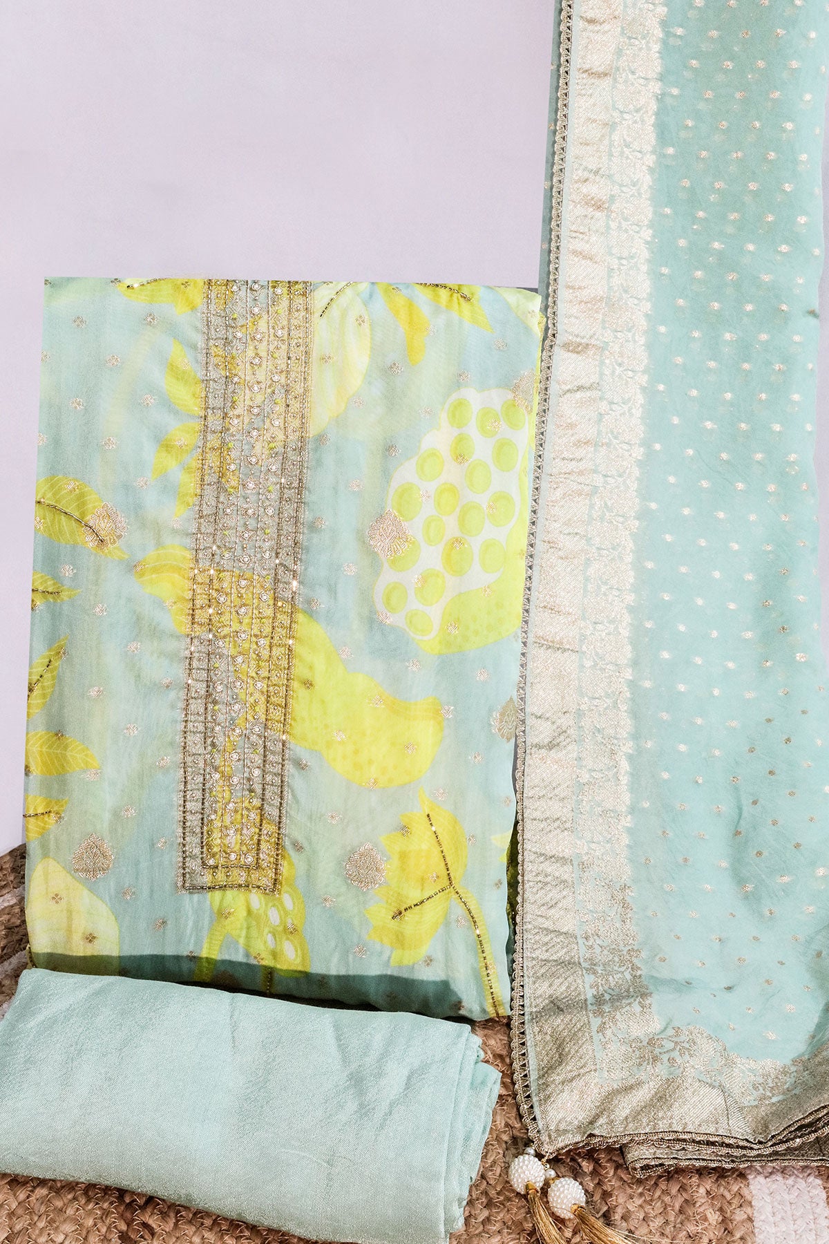 Firozi Tissue Embroidered Unstitched Suit