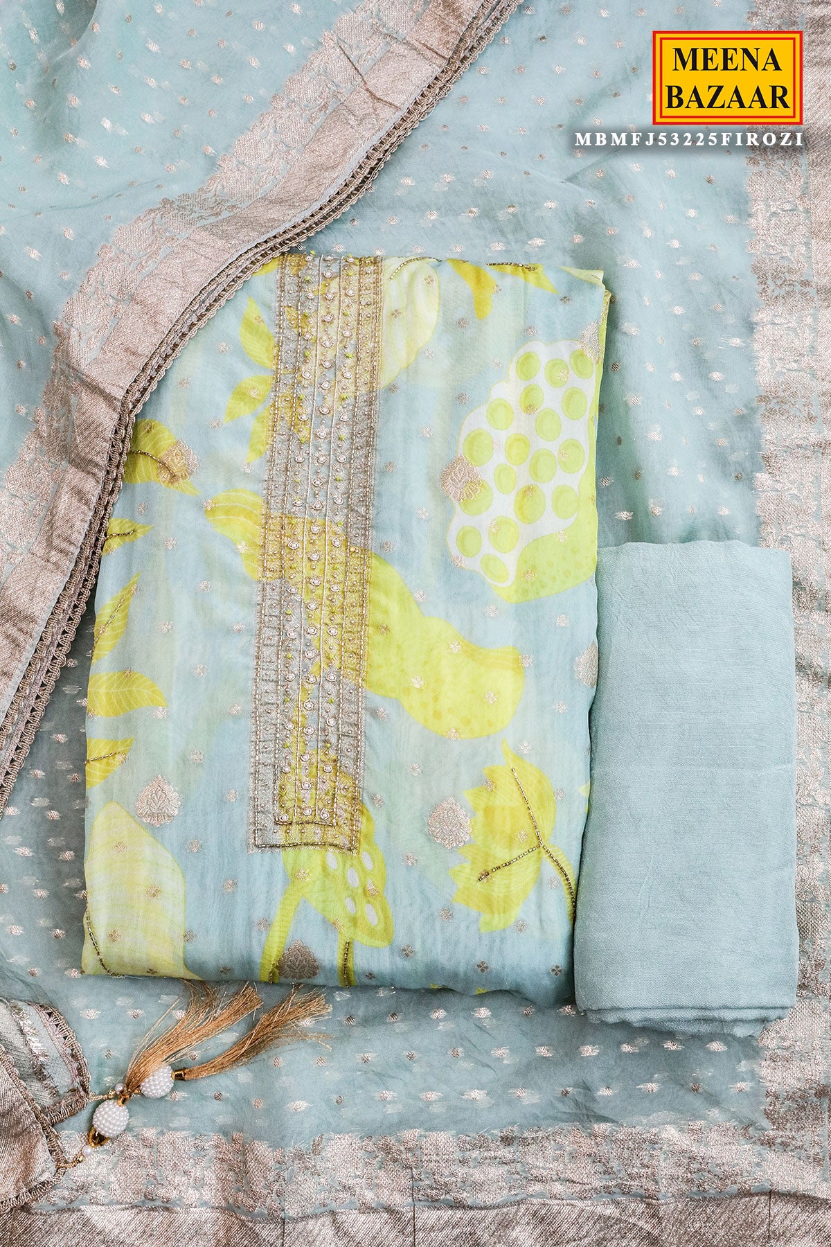 Firozi Tissue Embroidered Unstitched Suit