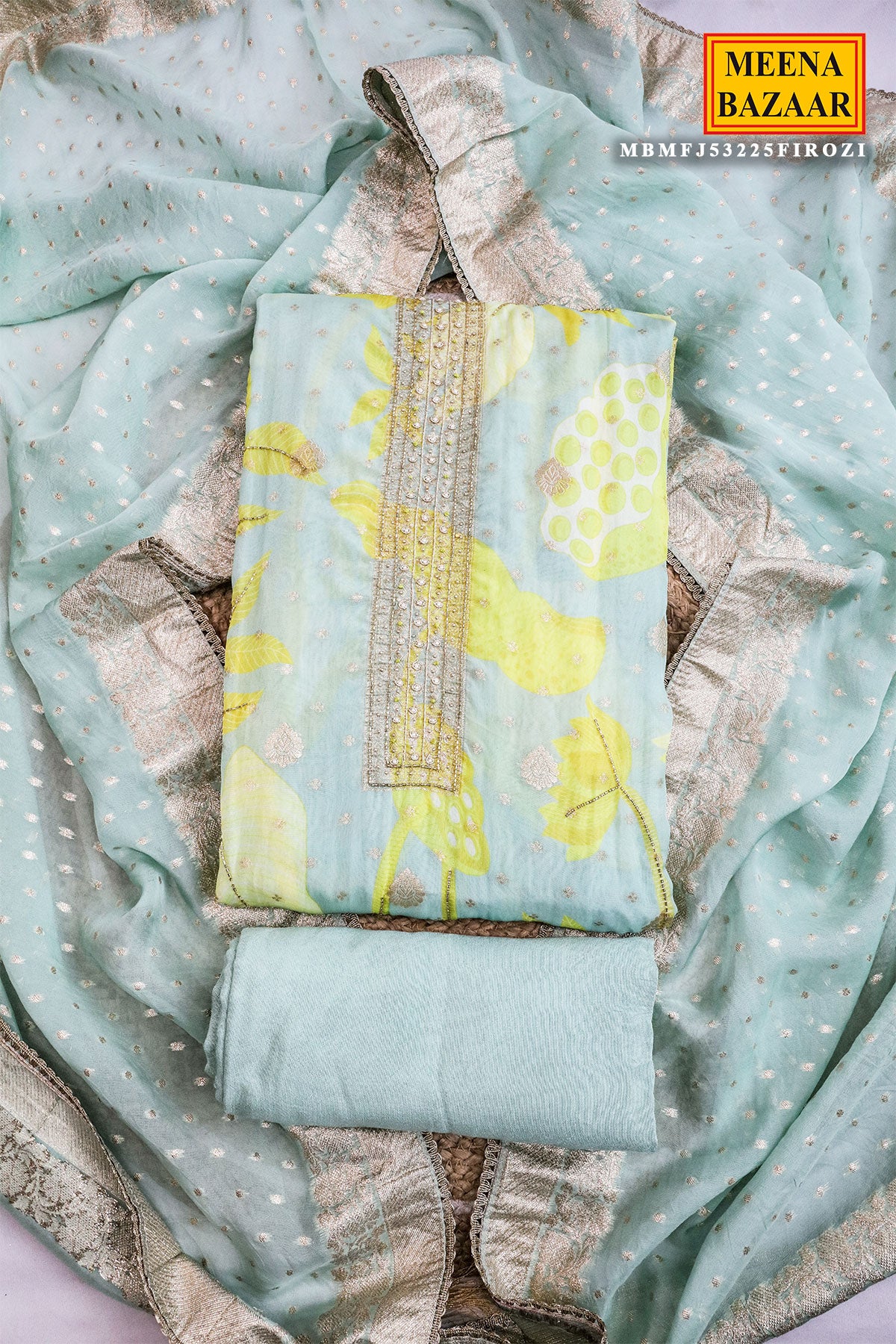 Firozi Tissue Embroidered Unstitched Suit