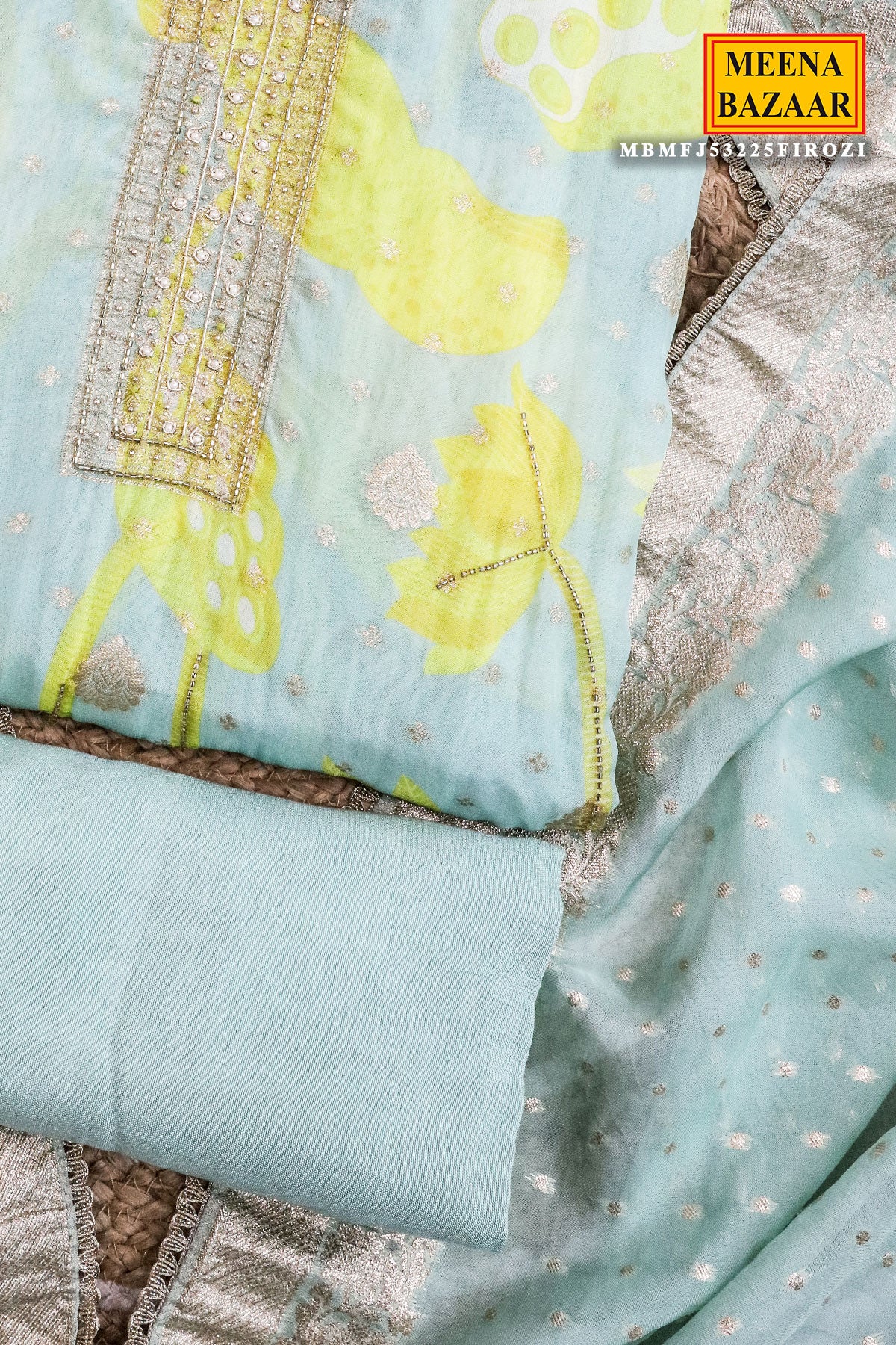 Firozi Tissue Embroidered Unstitched Suit