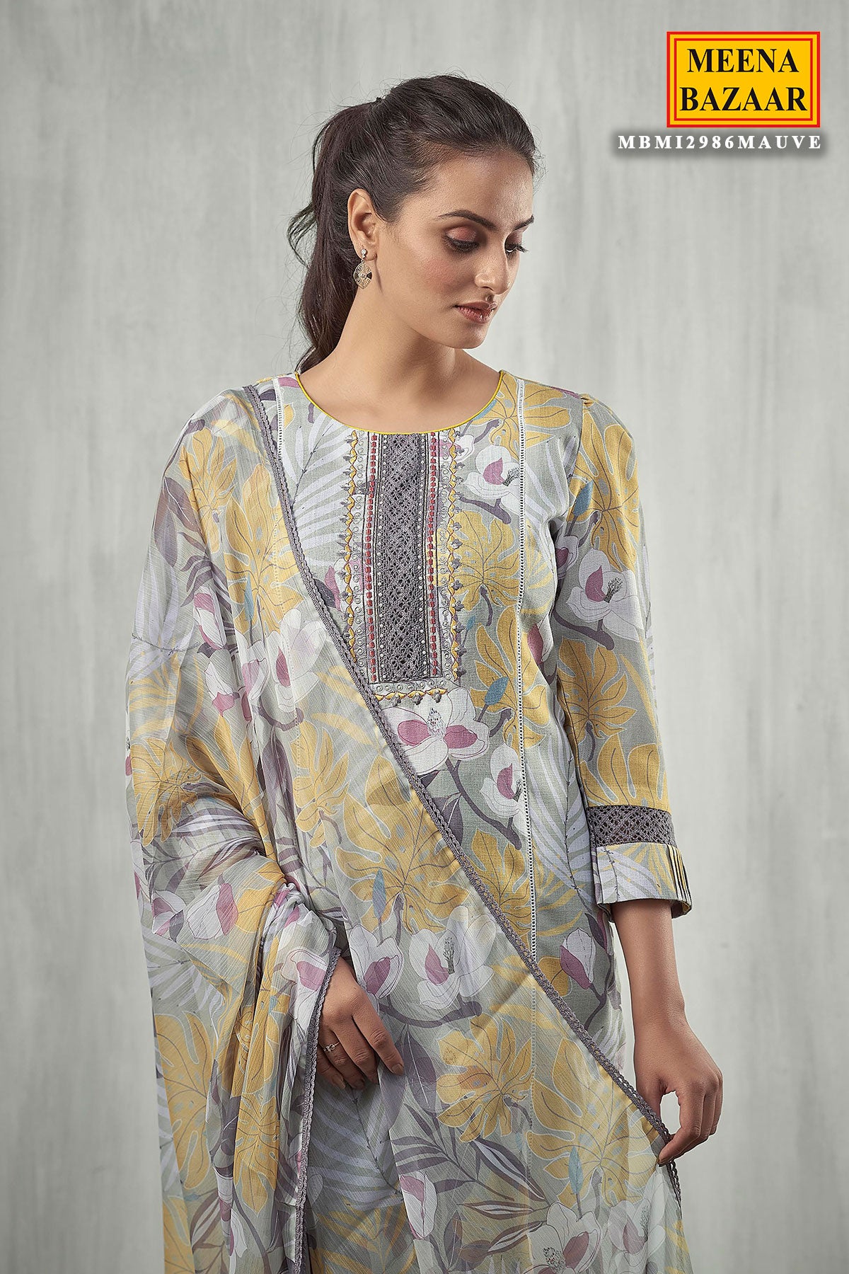 Mauve Cotton Floral Printed Suit with Embroidered Neck