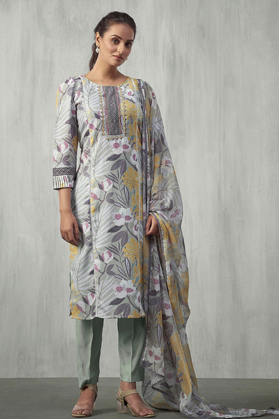Mauve Cotton Floral Printed Suit with Embroidered Neck