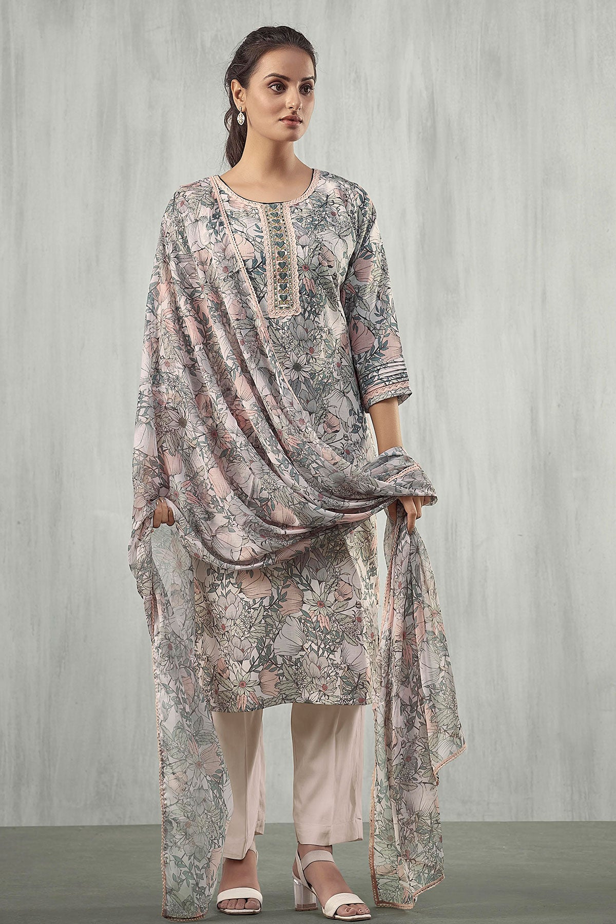 Peach Cotton Floral Printed Suit with Embroidered Neck