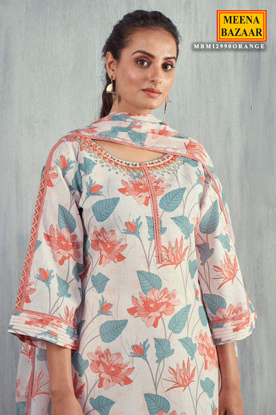 Orange Cotton Floral Printed Suit with Embroidered Neck