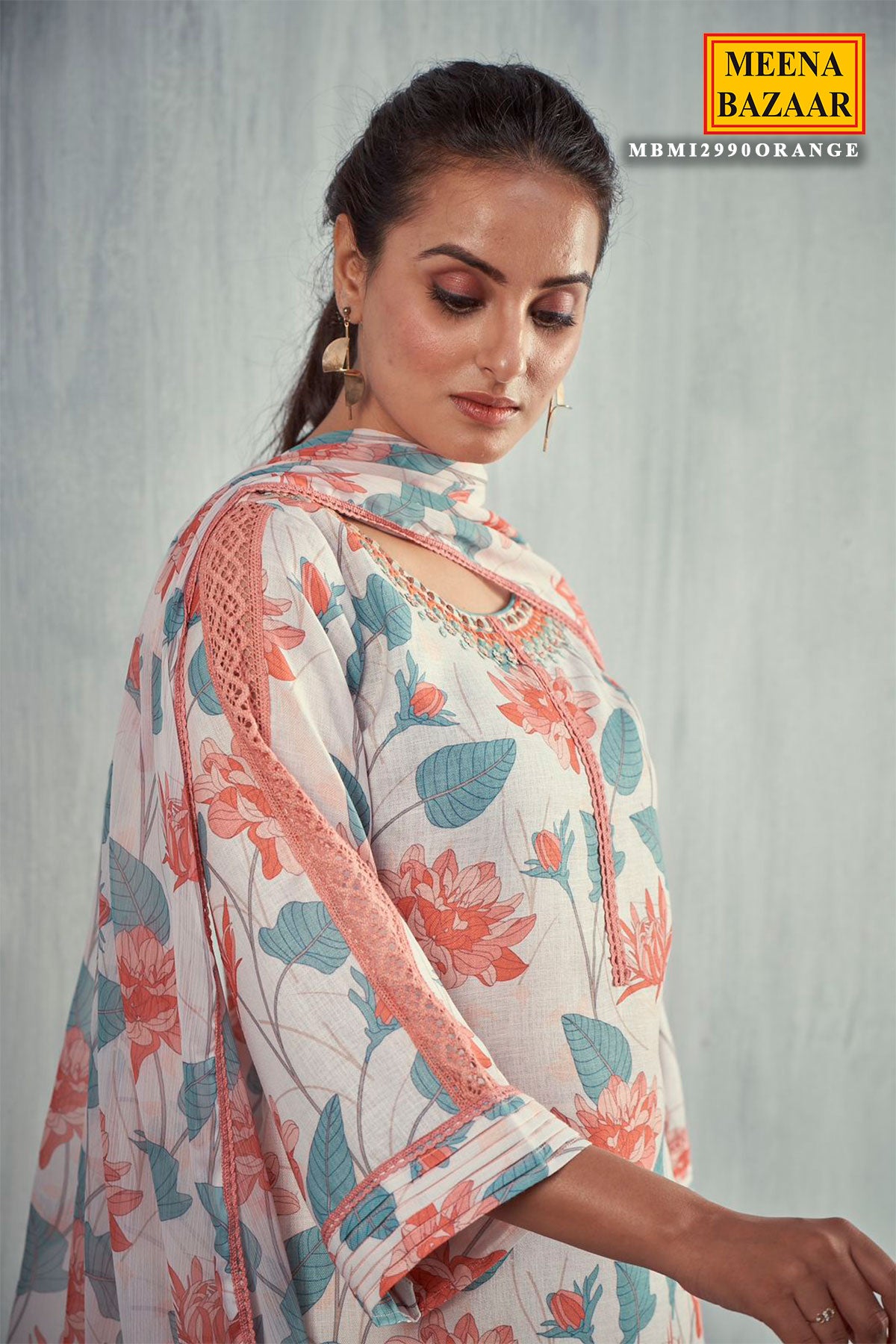Orange Cotton Floral Printed Suit with Embroidered Neck