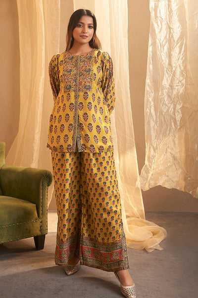 Mustard Crepe Floral Printed Cutdana and Sequins Embroidered Kurti Palazzo Pant Set