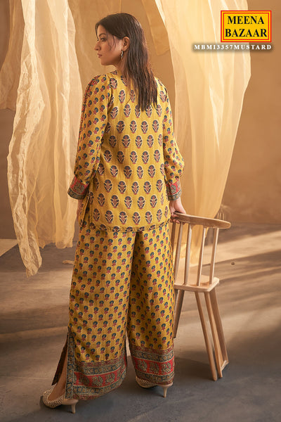 Mustard Crepe Floral Printed Cutdana and Sequins Embroidered Kurti Palazzo Pant Set