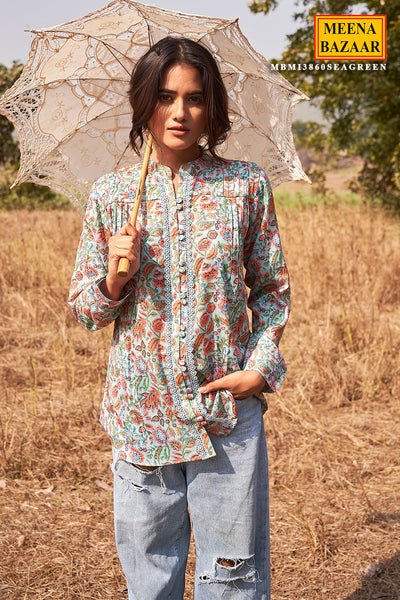 Sea Green Cotton Floral Printed Straight Shirt