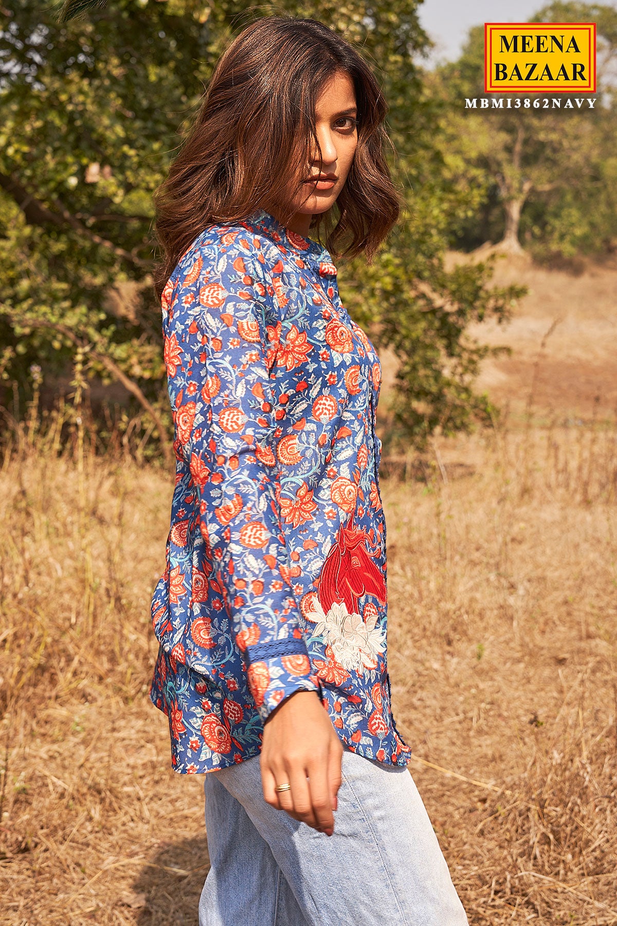 Navy Cotton Floral Printed Straight Shirt