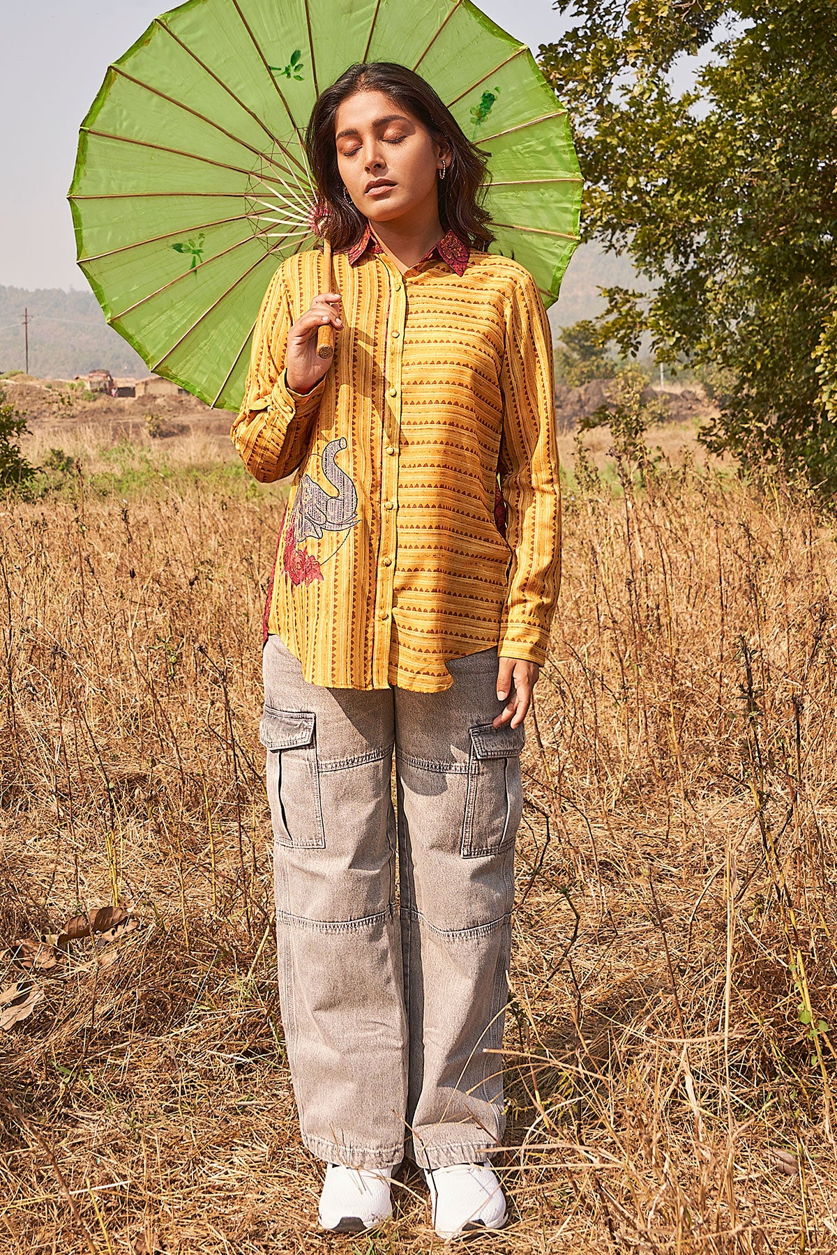 Mustard Cambric Cotton Striped Printed Kurti Shirt