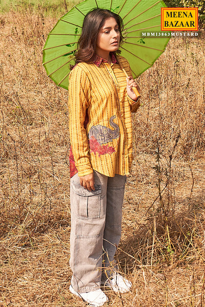 Mustard Cambric Cotton Striped Printed Kurti Shirt