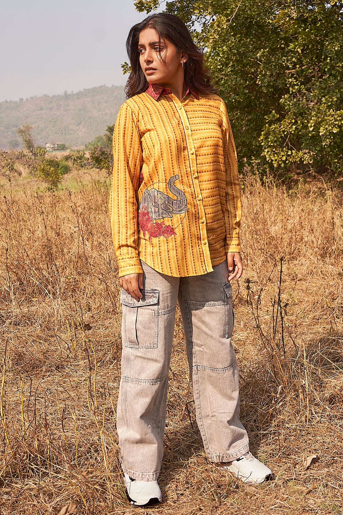 Mustard Cambric Cotton Striped Printed Kurti Shirt