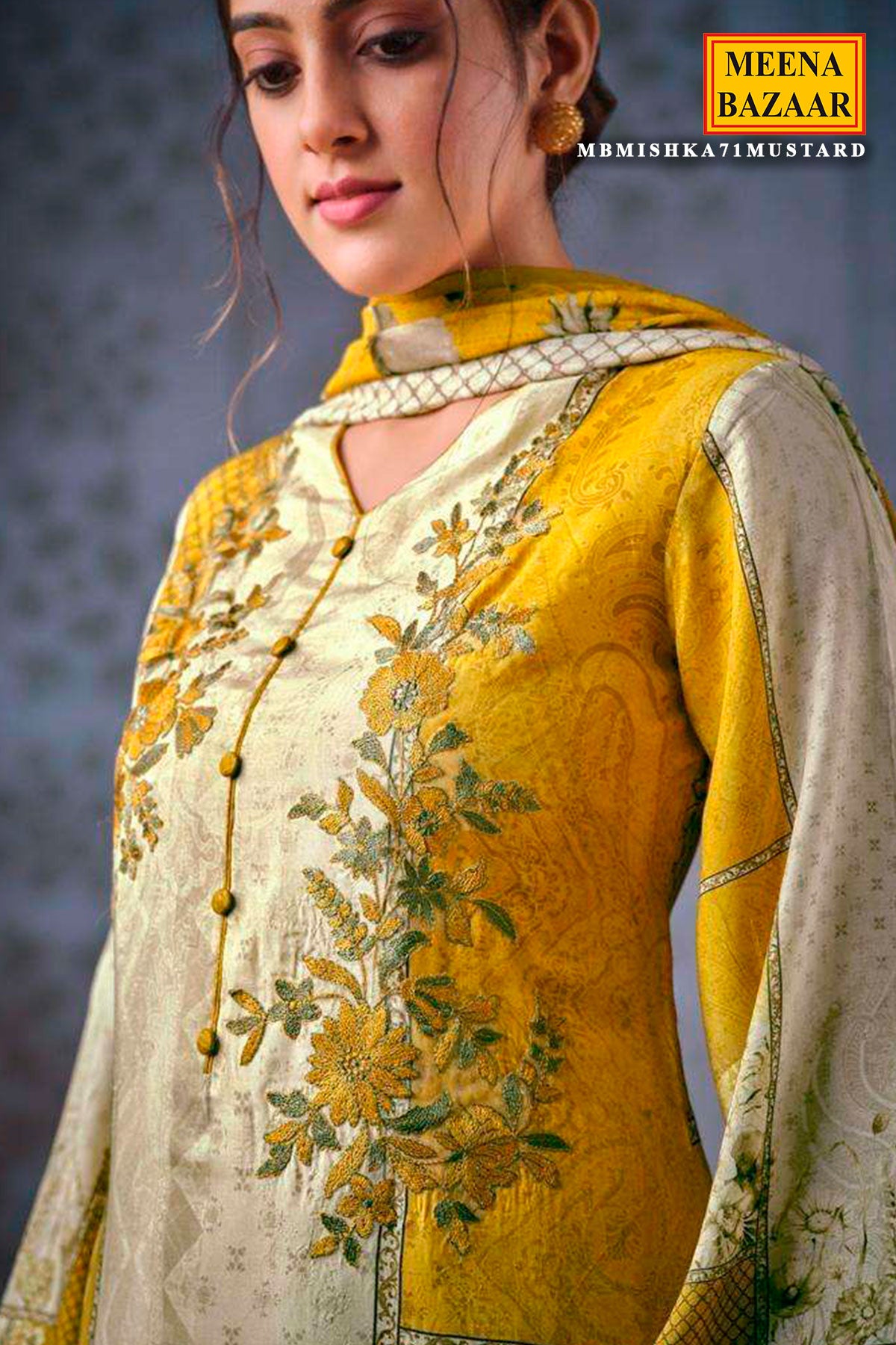 Mustard Chinon Floral Printed Floral Threadwork Embroidered Suit Set