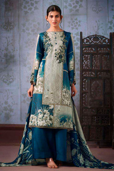 Blue Chinon Floral Printed Floral Threadwork Embroidered Suit Set