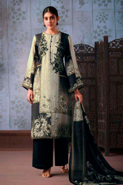 Black Chinon Floral Printed Floral Threadwork Embroidered Suit Set