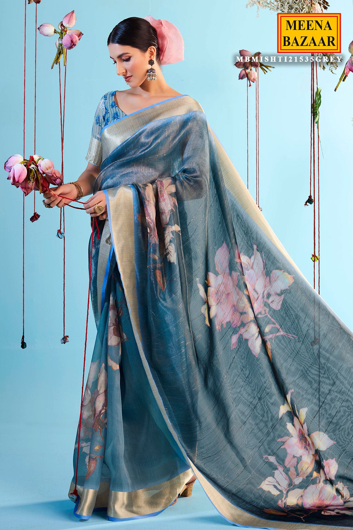 Grey-Blue Organza Floral Printed Zari Woven Saree