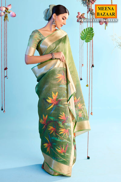 Green Organza Floral Printed Zari Woven Saree