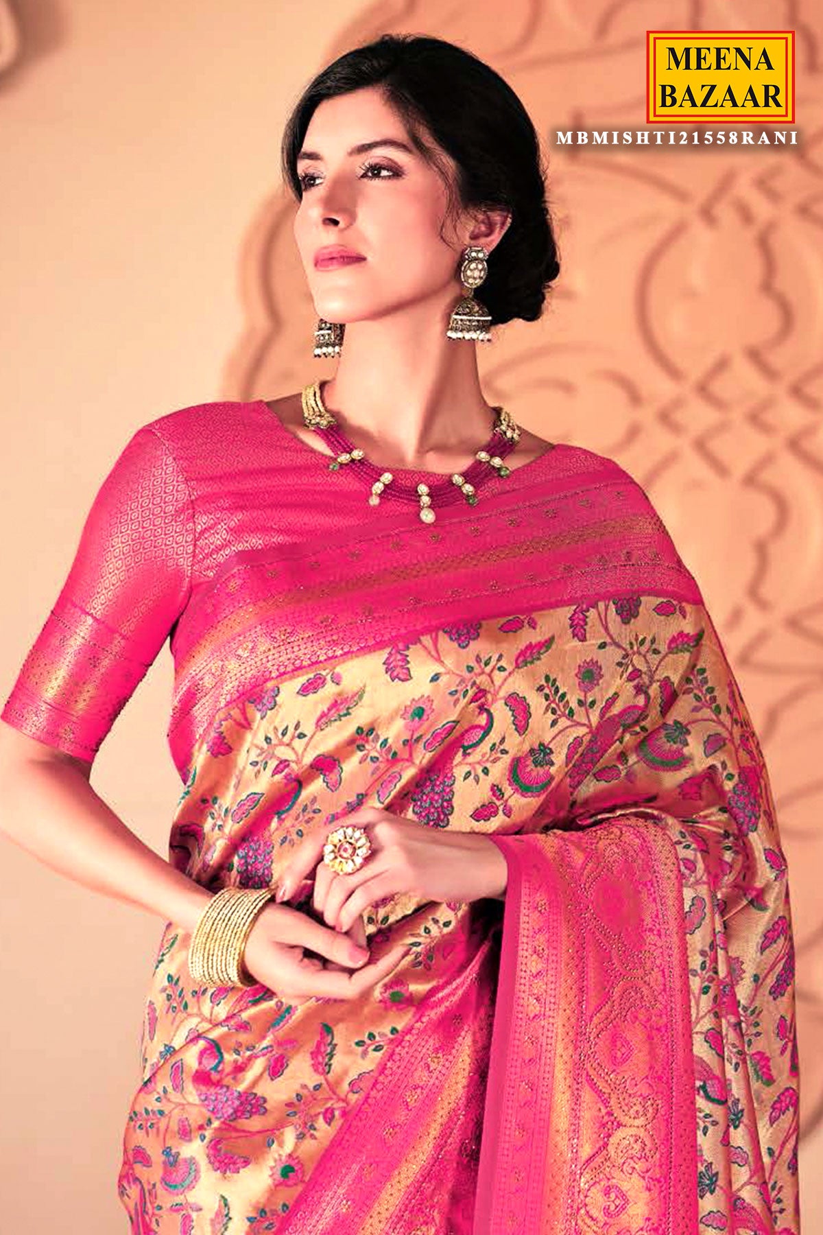 Rani Silk Zari Woven Swarovski Embroidered Saree