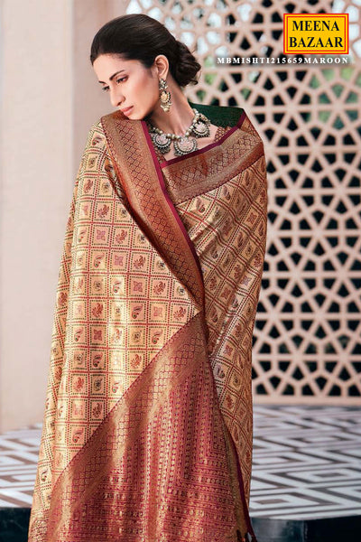 Maroon Silk Zari Woven Swarovski Embroidered Saree