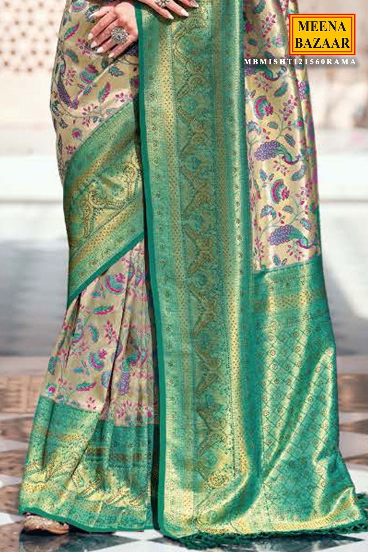 Rama Silk Zari Woven Swarovski Embroidered Saree