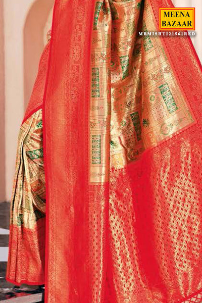 Red Silk Zari Woven Swarovski Embroidered Saree