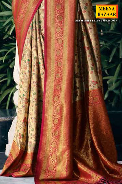 Maroon Silk Zari Woven Swarovski Embroidered Saree