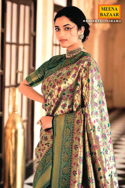 Rama Silk Floral Zari Woven Swarovski Embroidered Saree