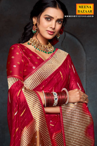 Red Organza Sequin Embroidered Studded Saree