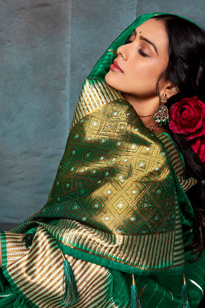 Green Organza Sequin Embroidered Studded Saree