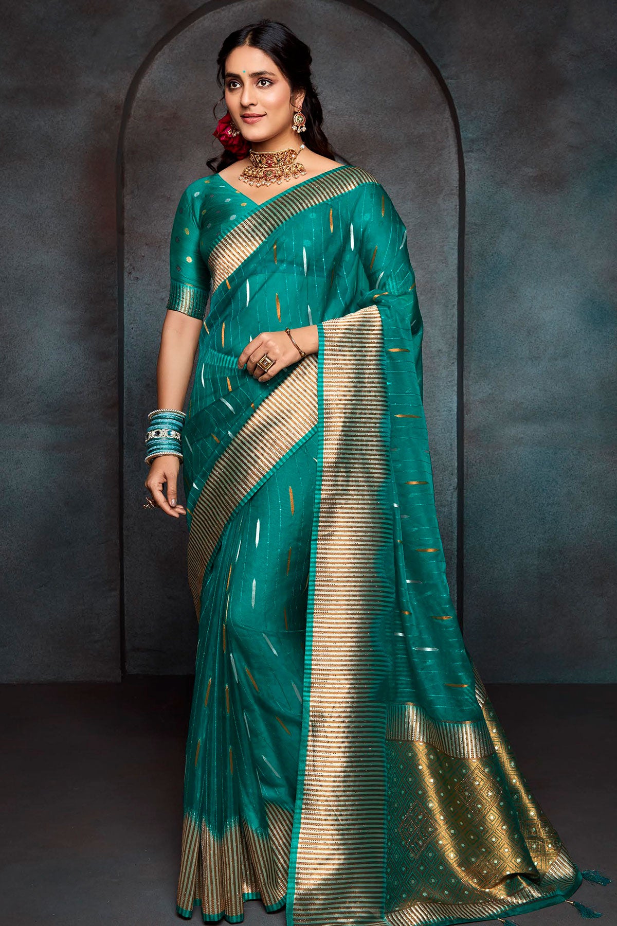 Firozi Organza Sequin Embroidered Studded Saree